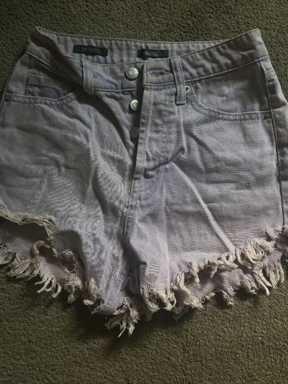 Light pastel purple wash high waisted distressed ripped denim jean shorts 2000s